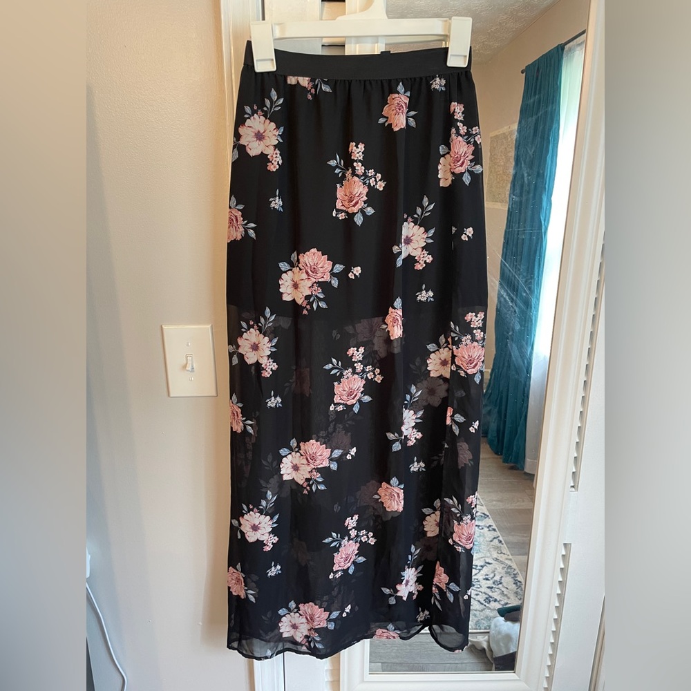 Divided Black Floral A-Line Skirt
